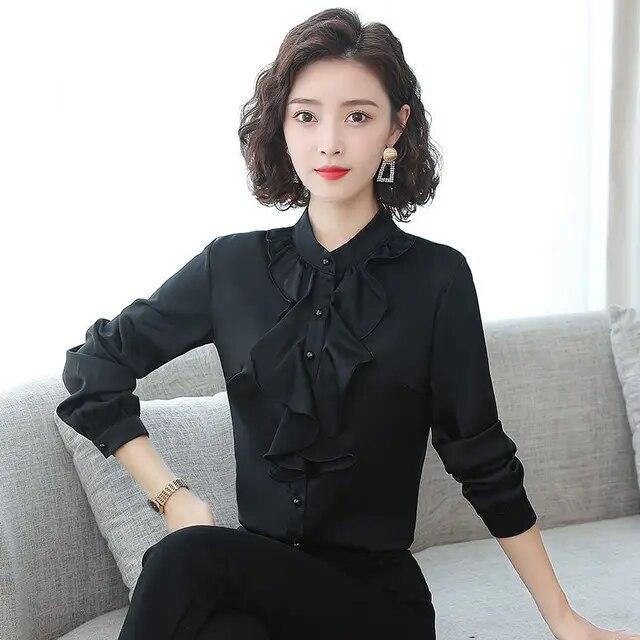 Chiffon Blouse Women's Spring Autumn New Standing Collar Long Sleeved Professional Shirt Solid Color Ruffle Bottoming Top