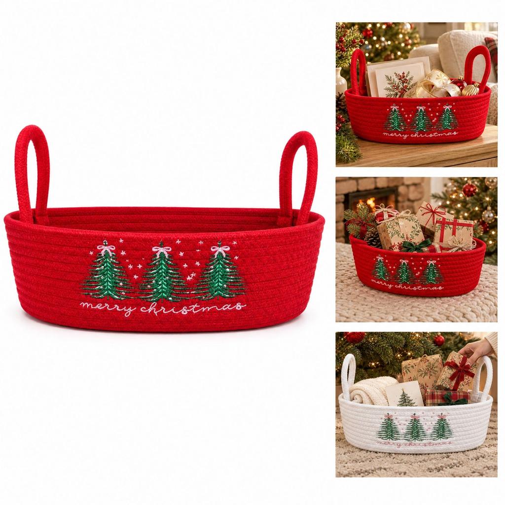 Christmas Tree Embroidered Cotton Rope Storage Basket with Handles, Basket and for Baby Toys and Home Clutter