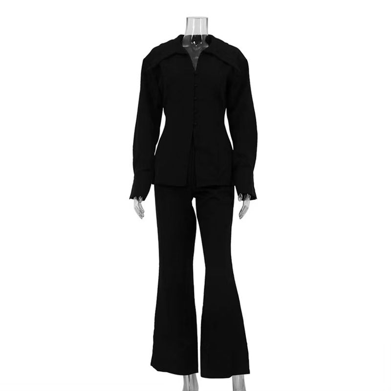 

New Arrival Russia Black Turn-down Collar Long Sleeves Silm Outwear Casual Pants Two-piece Set Top and Pants Set Black S