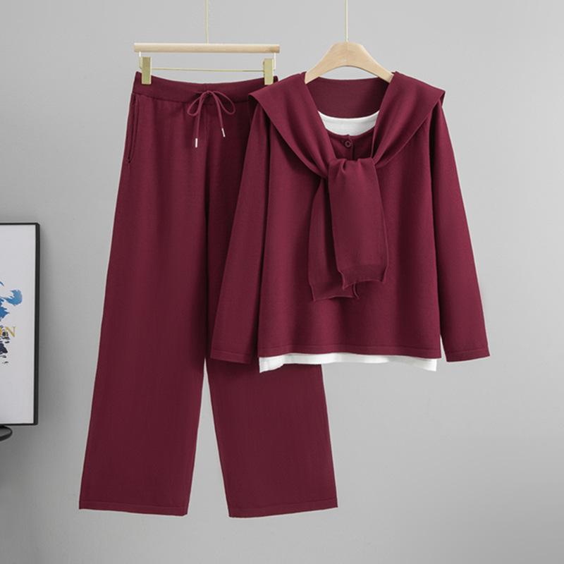 

Повседневный вязаный костюм-свитер из двух частей, женский осенний новый спортивный топ, шаль, широкие брюки, широкий комплект из трех предметов one size бордовый