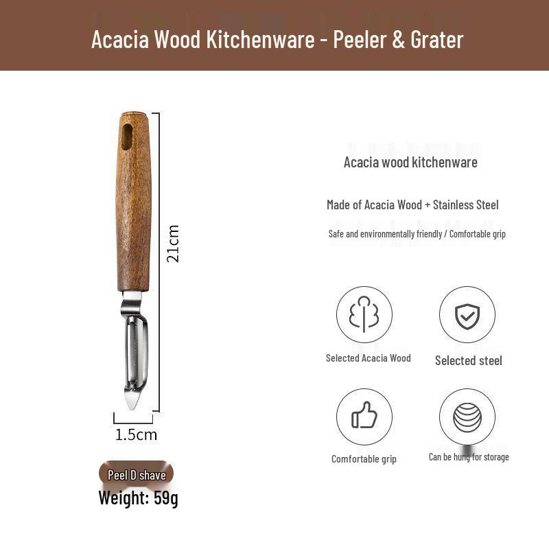 Acacia Wood Kitchen Gadget Set: Peeler, Can Opener, Egg Beater, Pizza Cutter, Cheese Shovel