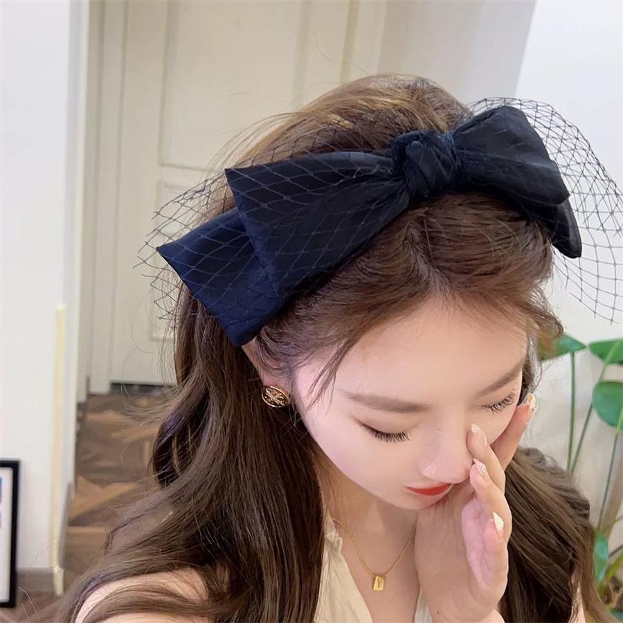 Korean Retro Fishnet Double-layer Large Bow Headband Black High Skull Wide-brimmed Headdress High-end Headband Hair Accessory