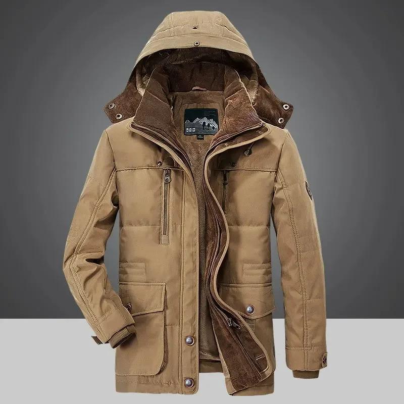 Solid Parkas Male Zipper Coat Large Size Clothing Parka Outdoor Men's Winter Jacket Plus Velvet Thick Warm Multi Pocket Jackets