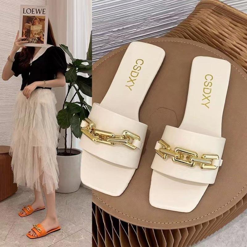 Cool slippers women's summer new one-character metal chain outer wear fashion lis shoes-4