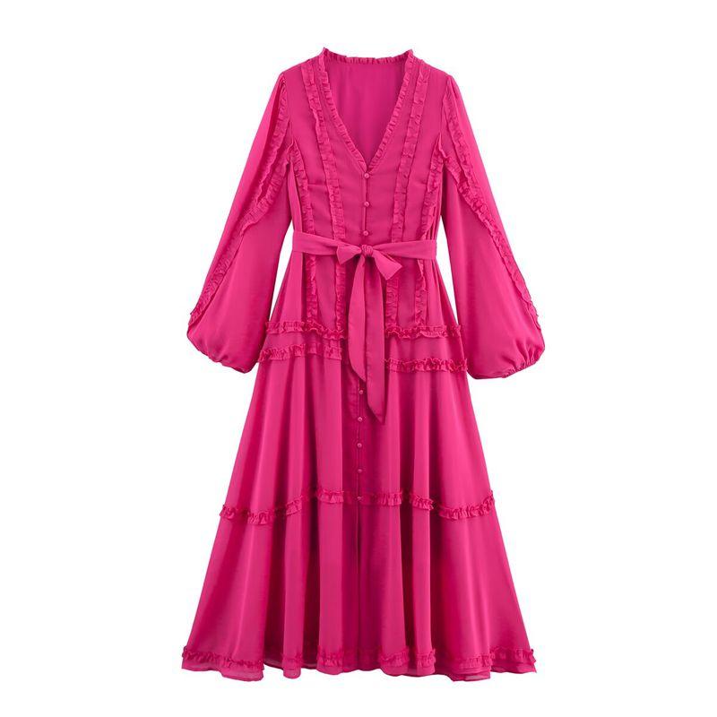 Kaslead New Women Clothes Western Style Fashion Chiffon Lace Patchwork Long Oversized Swing Dress