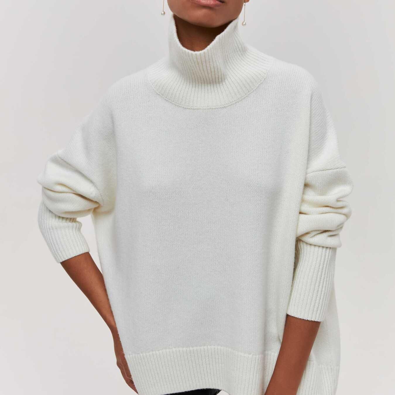 

Светр осінь/зима Жіноча напівводолазка В язаний светр з довгим рукавом Вільний топ Жіночий пуловер Теплий жіночий светр L білий