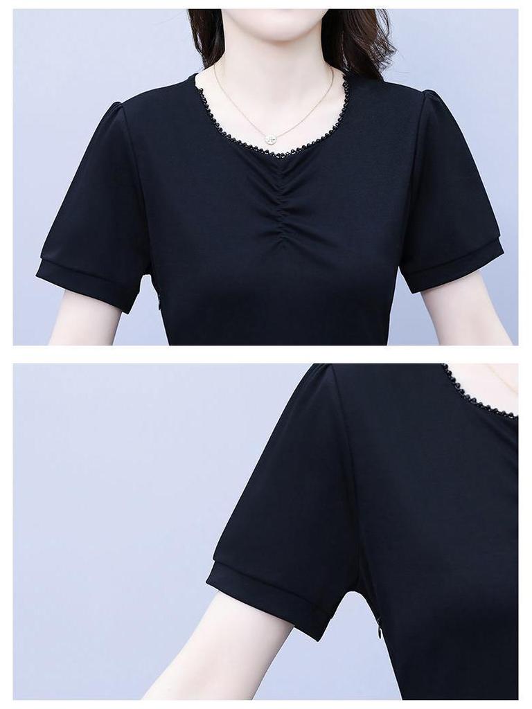 Women's Black Mesh Patchwork Faux Two-Piece Short-Sleeve Dress, Summer 2024 - Waist-Cinching Tie-Up Design.