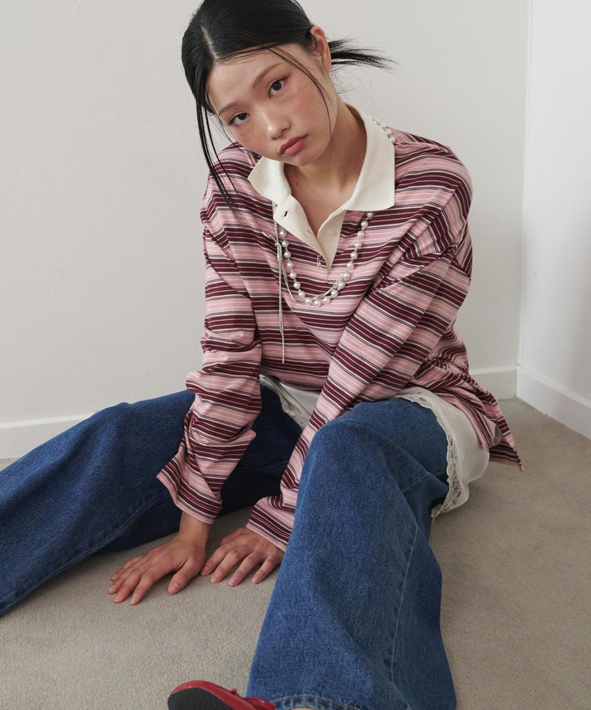 OPENING SUNSHINE Button Detail Striped Rugby Long Sleeve T-Shirt Pink