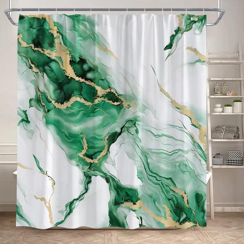 Abstract Marble Shower Curtains Black Green Textured Gold Crackle Modern Geometric Pattern Bathroom Curtain Decor Set with Hooks