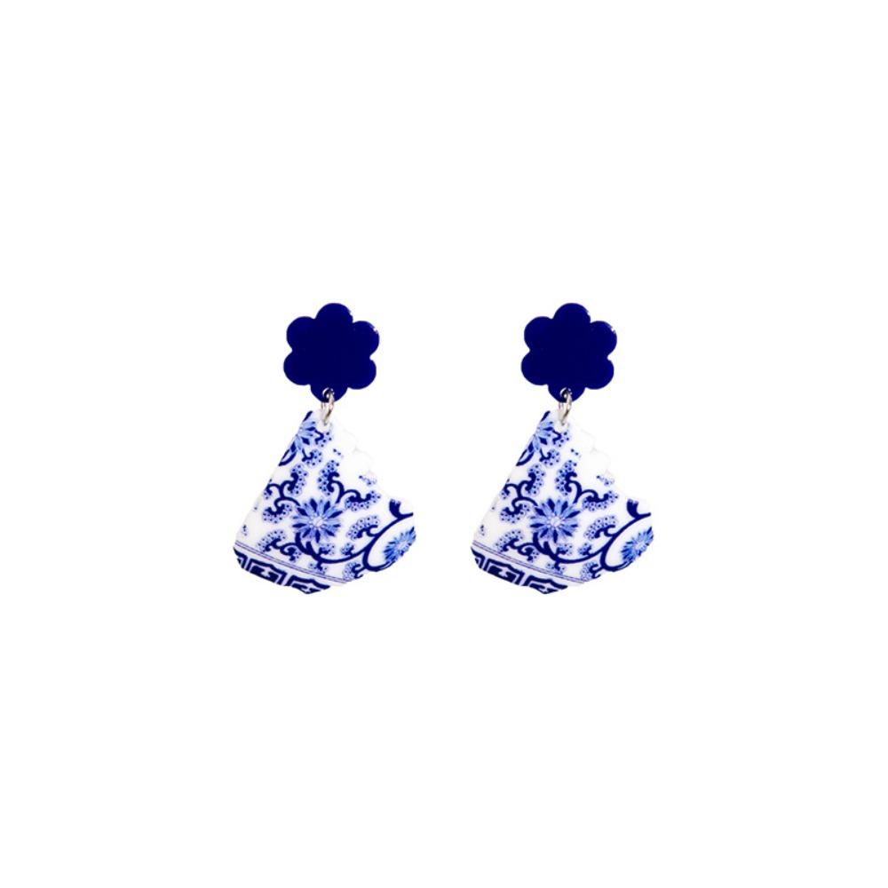 Chinese Style Blue and White Porcelain Earrings Wave Point Elegant Geometric Earrings  Lady/Gifts