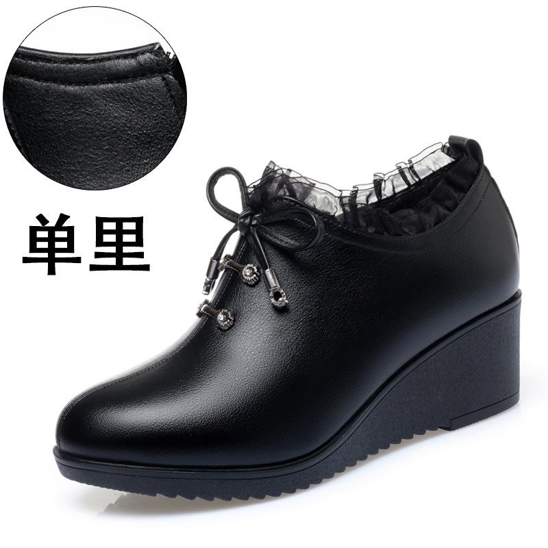 Women Spring Autumn New Fashion Lace Soft Leather Platform Pumps Korean Style Casual Waterproof Pointed Toe Single Shoes
