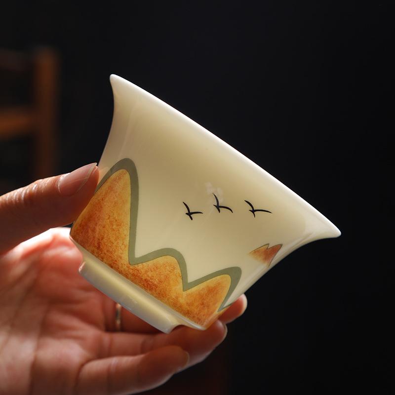 Wanli Shanhe Suet Jade Tea Set, High-end Gold-painted Household Kung Fu Tea White Porcelain Teapot, Chinese Simple Gift Box