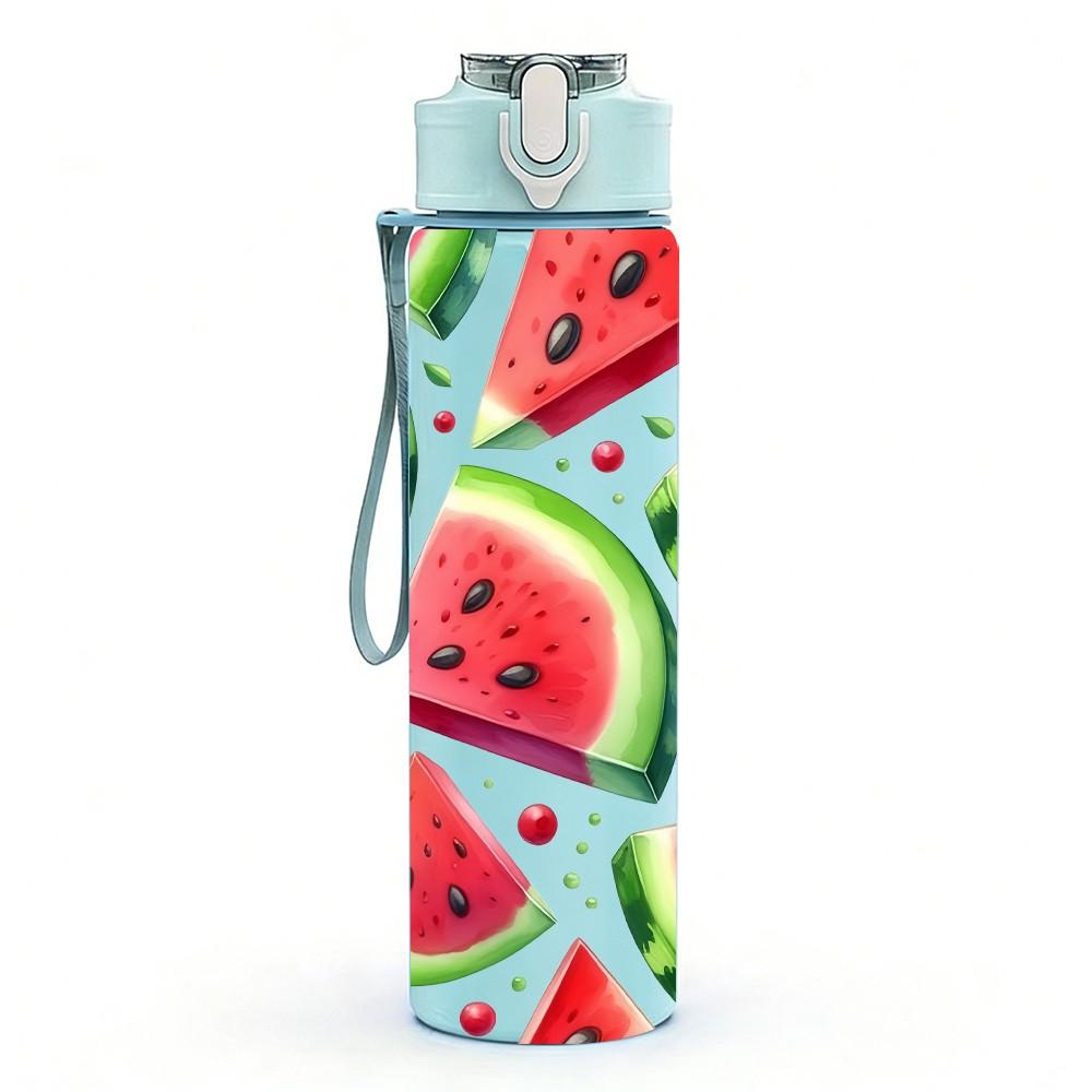 1PC Watermelon Slice Summer Fruit Print 750ml Color Plastic Sports Water Bottle Leakproof Flip Straw Lid Suitable for Sports Office Home Use