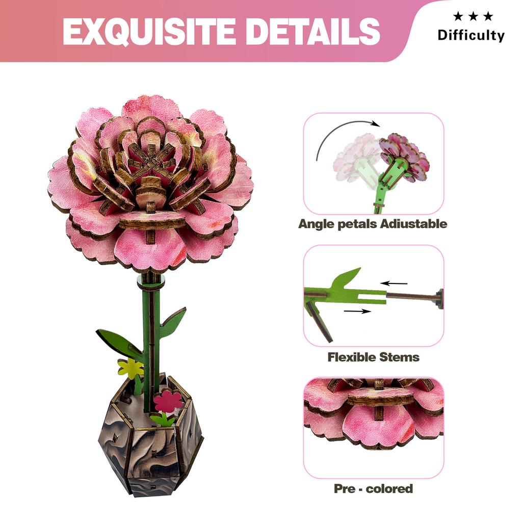 Wacocetoy Cross-Border Carnation Puzzle 3D Wooden Diy Coloring Toy 2-In-1 Set Handmade Puzzle