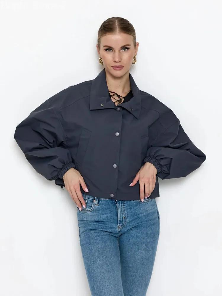 Women's Short Trench Jacket, Navy Blue Outerwear Coat for Everyday Casual Wear