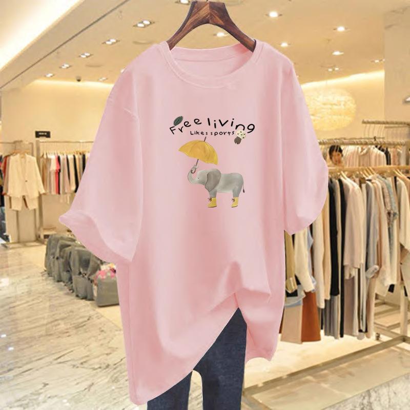 Umbrella baby elephant short-sleeved T-shirt women's summer new Korean simple and loose pure cotton non-sensory printing comfortable top