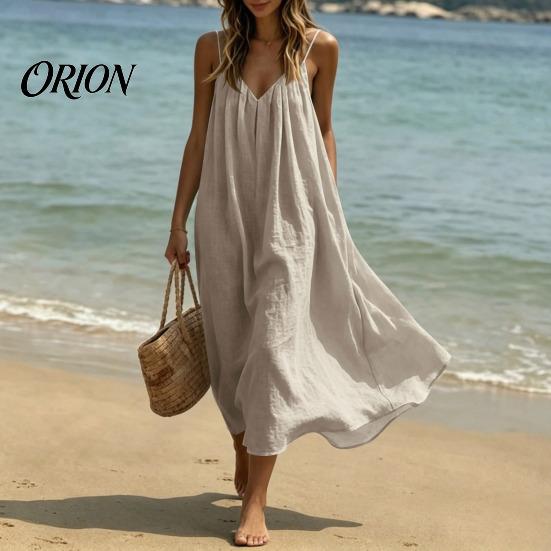 Slim Fit Summer Dress Women's Spaghetti Strap Beach Sundress, Sleeveless V Versatile Holiday Neck Cami Dress, Loose Flowy Vacation Long