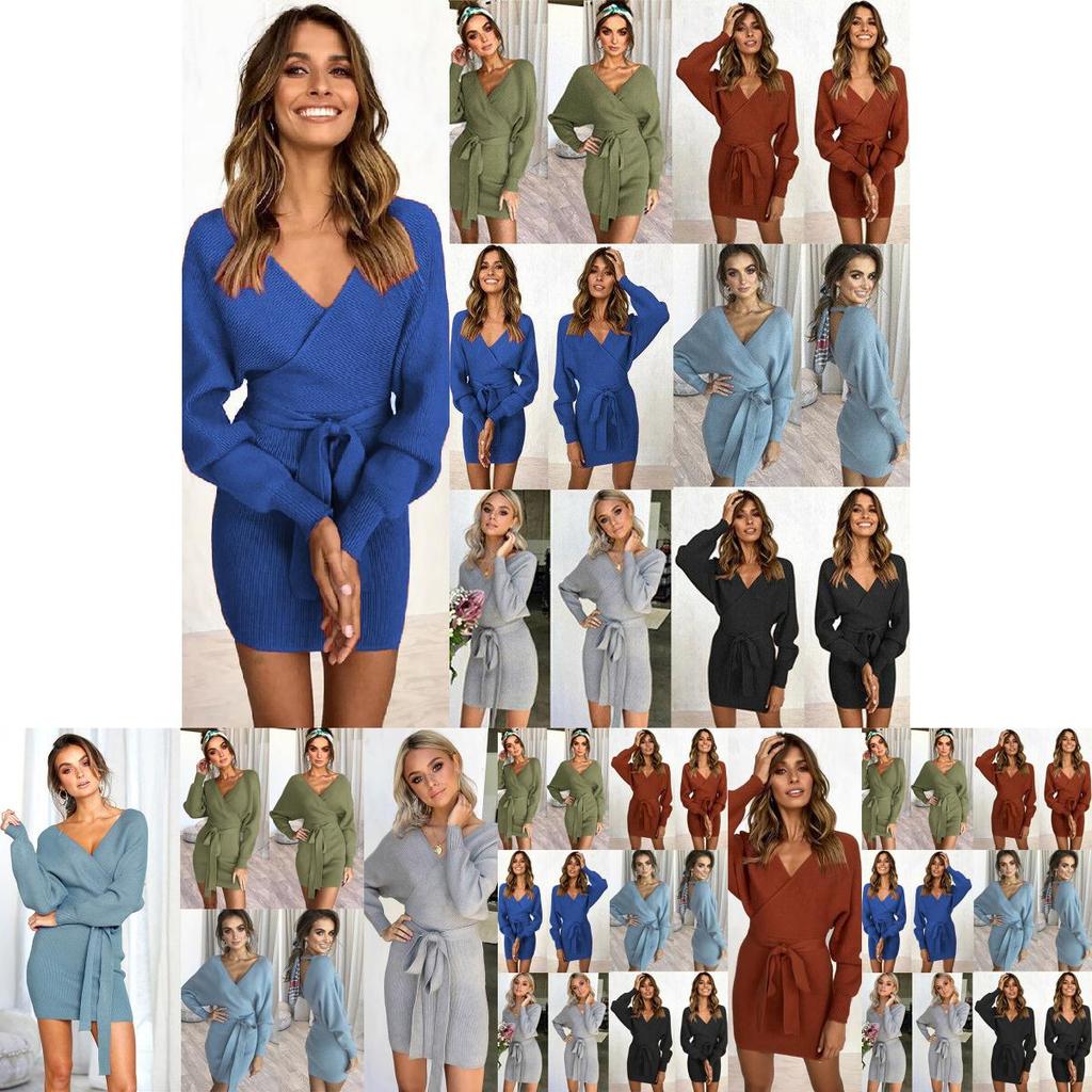 Elegant Women's V-neck Bodycon Jumper Dress With Long Sleeves And Tie Belt