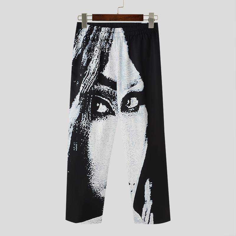 

INCERUN Мужские длинные брюки с высокой резинкой на талии и принтом Повседневные брюки Уличная одежда 3XL чёрный