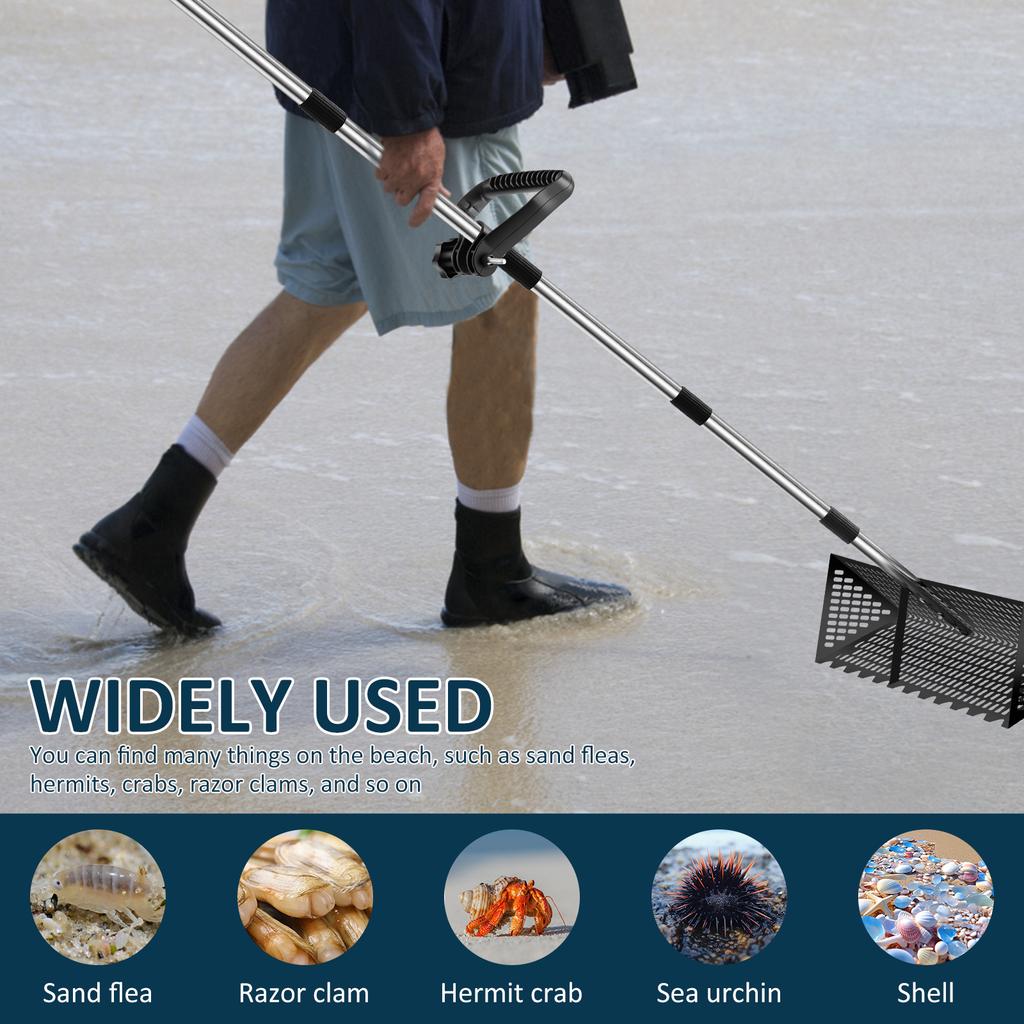 Sand Fleas Rake Stainless Steel Sand Sifter Detachable 52/68inch Long Handle Collapsible Shark Tooth Sifter for Beach Sand Crab