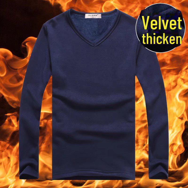 Camiseta interior térmica de manga larga con cuello en V y terciopelo grueso para hombre