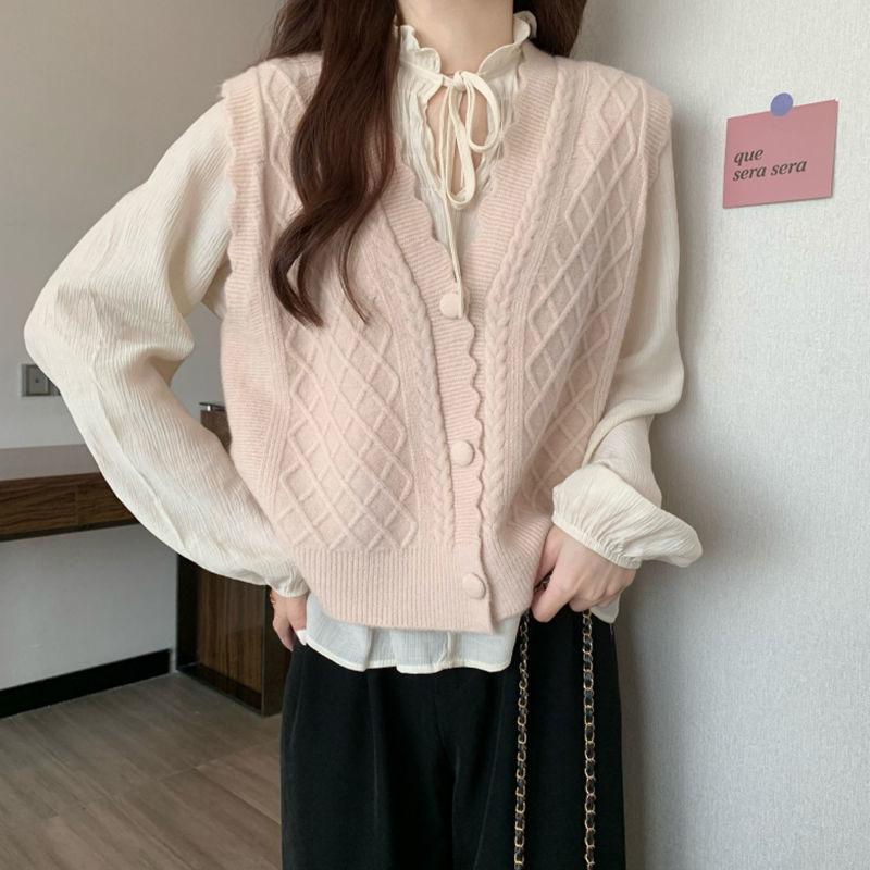 Damen Süßes Rautenmuster Gestrickte Weste Cardigan Mantel Einfarbig Spitze Pulloverweste Cardigan für Oberbekleidung