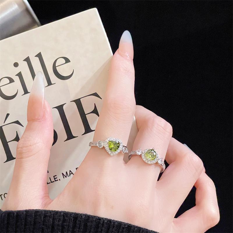 Heart-Shaped Olive Green With Zir*****Pen Ring, Women'S Niche Design, Colorful Treasure, Luxury High-End Ring, Index Finger Ring.
