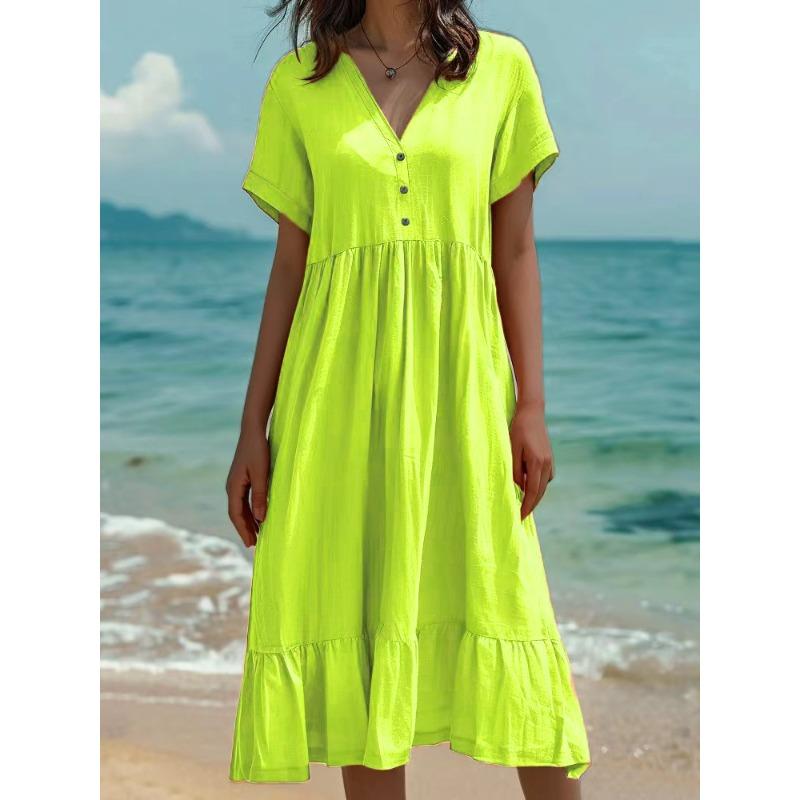 JKASHDK Damemote Sommer Våren Ensfarget Print Kortermet V-hals Løs midje uformelle kjoler