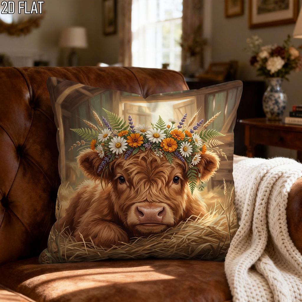 1Pc Highland Cow With Flower Crown Throw Pillow Cover,Suitable For Sofa,Bedroom,Living Room,A Stylish Gift For Animal Lovers