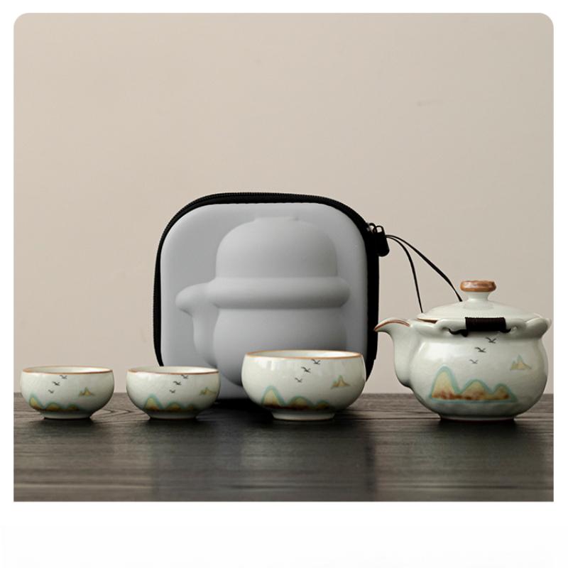 Ru Kiln One Pot Three Cups Outdoor Camping Travel Tea Set Portable Bag Teapot Teacups for One Person Use Fast Guest Cups