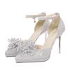 B New Pointed Women's Shoes High-heeled Waterproof Table Shiny Pearl Flower Wedding Shoes Light Mouth Not Tired Feet Silver
