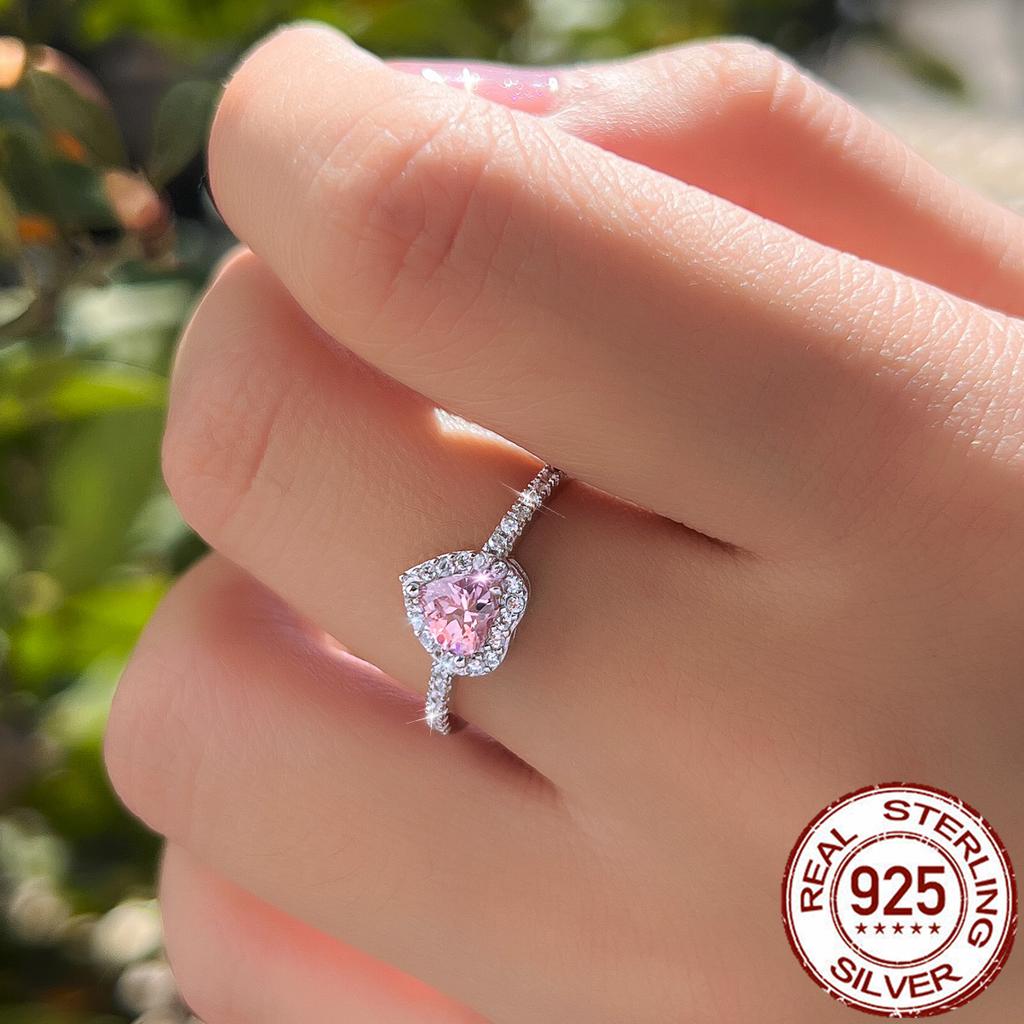 Anello in Argento Sterling 925 Autentico Anello Cuore Rosa d'Amore con Zirconia Cubica per Donne Feste di Fidanzamento Sposa Gioielli CZ Placcato Rodio