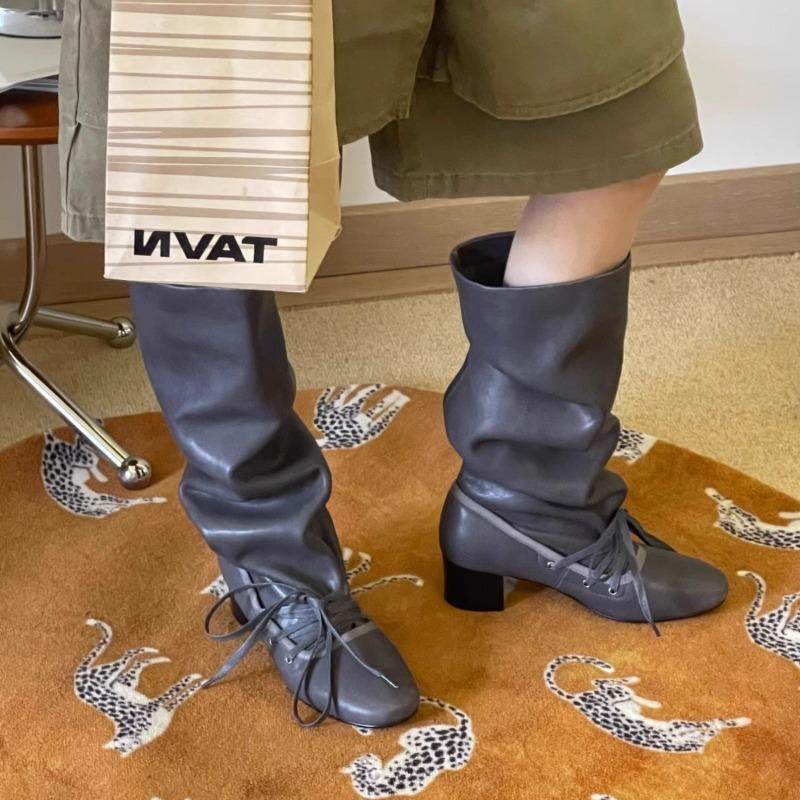 Retro Strap New Niche Design Pants Boots Thick Heel Thick Sole Boots But Knee Pointed Lace-up Knight Boots