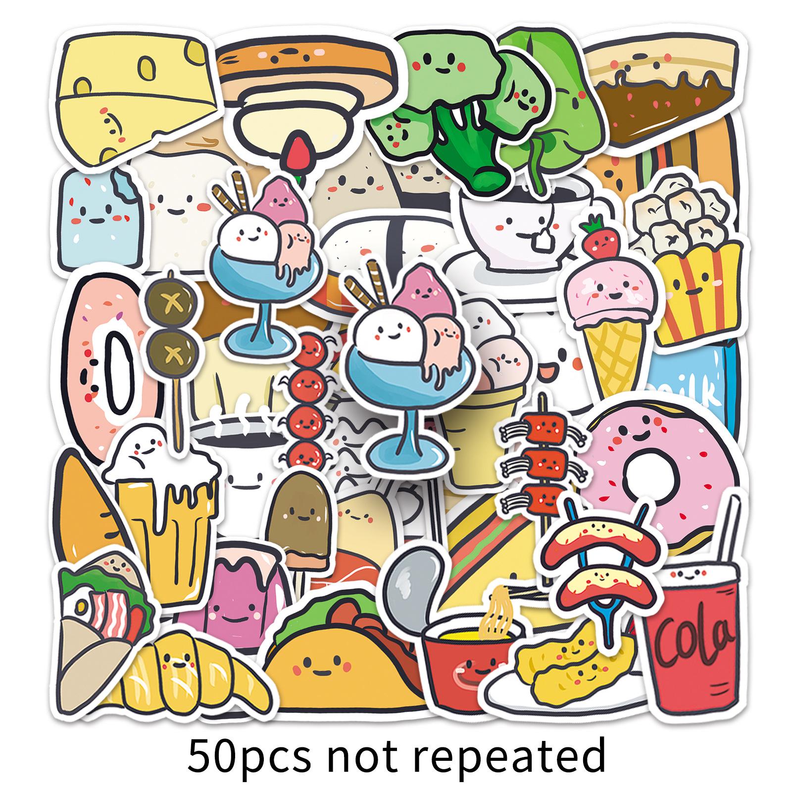 50 Hand-Painted Original Food Cartoon Stickers for DIY Guka Phone & Journal