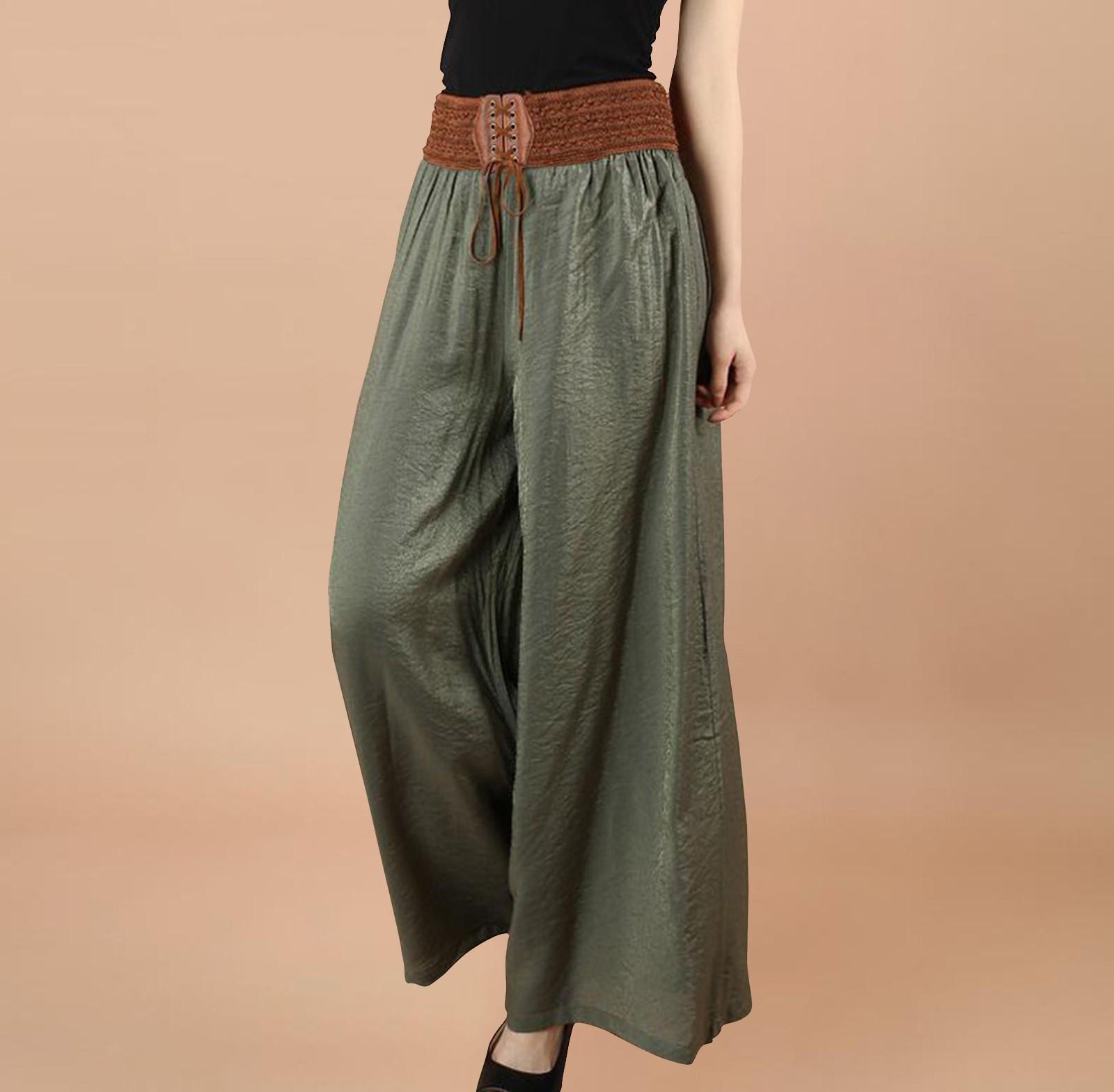 

Женская льняная уличная одежда с широкими штанинами, повседневная удобная одежда для отпуска, повседневная, на каждый день, с карманами для выходных, длинные удобные простые брюки One Size светло-зеленый