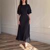Women Round Neck Flounce Sleeve Polka Dot Print Maxi Dress Elegant Fishtail Hem Party Evening Dress