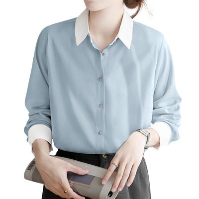 Yino Long Sleeve Collared Shirt Perfect for Spring Women's Two-Tone Blouse, Flattering, Slimming, Simple, Elegant, Casual, Commuting, Office, Formal,