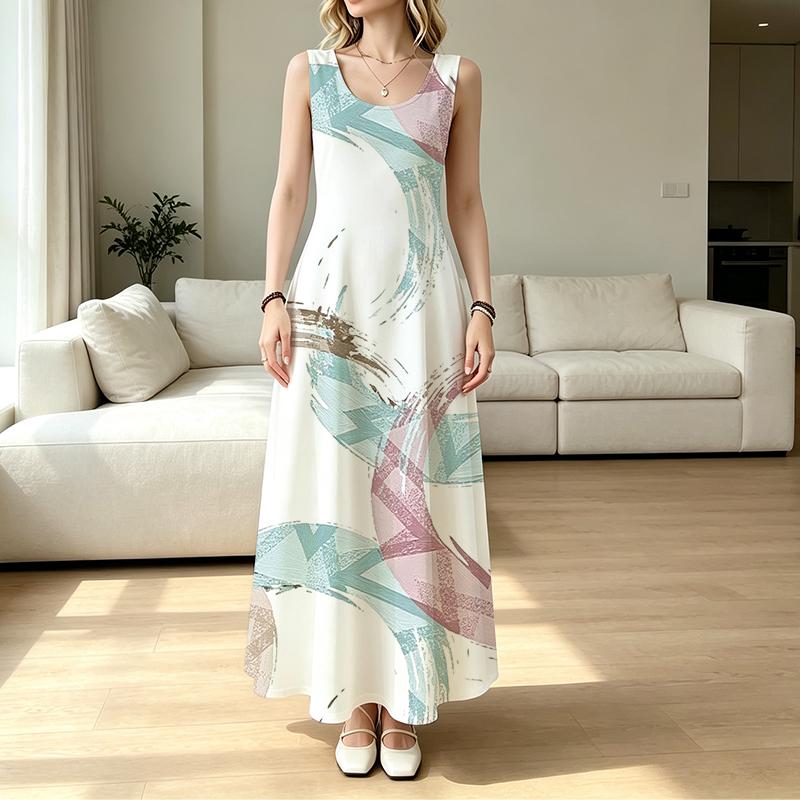 U-Neck Sleeveless Maxi Dress,Lightweight Breathable Fabric,Simple Geometric Design,Fashion Elegant for Beach Vacation & Daily Summer Casual Outing