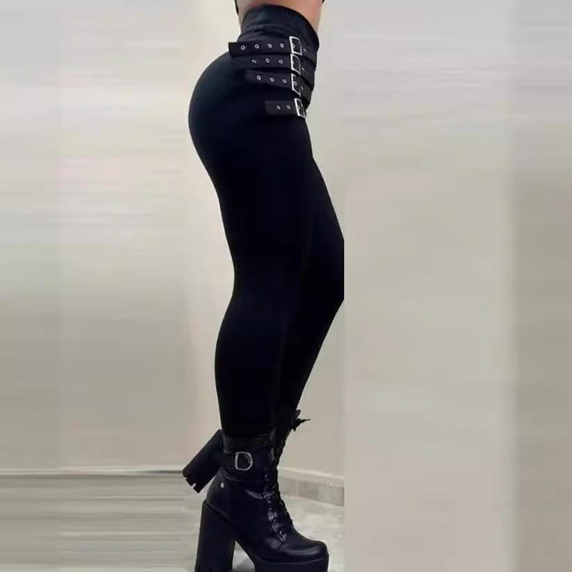 New Women's High Waist Skinny Pants with Buckle Straps, Black Slim Fit Trousers with Multiple Belt Decorations for Casual Sexy Daily Wear