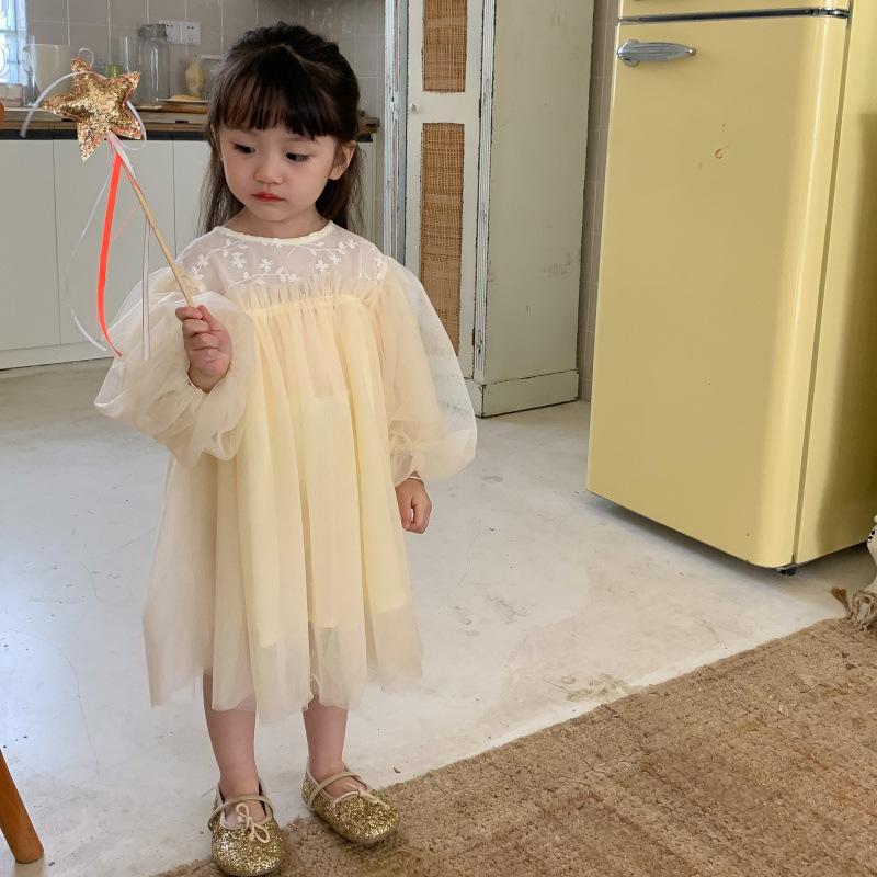 Kinder Kleidung Frühling Sommer Langarm Dünne Spitze Tüll Kleid Koreanischen Stil Mädchen Prinzessin Mode Süße Fee Mesh Kleider