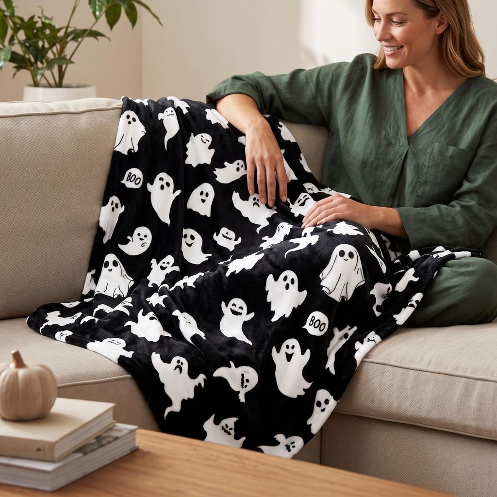 Flannel Blanket with Halloween Print - 100130, Soft Cozy Throw for Couch or Bed