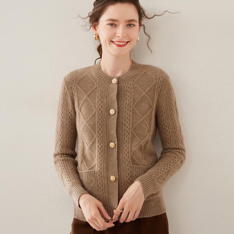 Women's Cable Knit Wool Cardigan - Long Sleeve, Single Breasted, Thick Cashmere Knitwear for Autumn and Winter