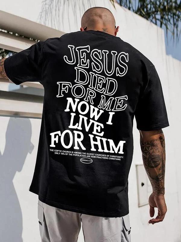 Men s Letter & Cross Print Drop Shoulder Tee, Regular Fit Casual Streetwear Soft XXXXL