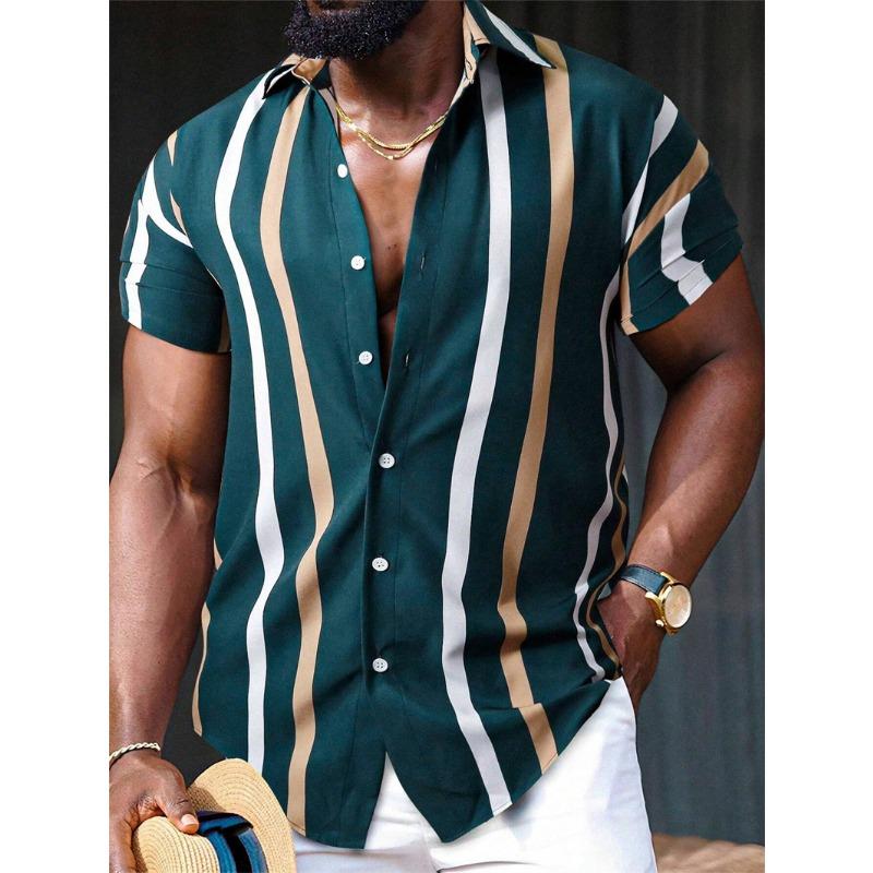 Hong Kong Style Draped Striped 3D Printed Button Cardigan, A Versatile Aloha Shirt for Men's Summer Business and Vacation Wear.