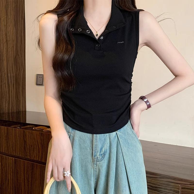 Polo Shirt Lapel Camisole Women's Spring and Summer New Pure Lust Hot Girl Pleated Sleeveless Waistcoat Tight Inner Top