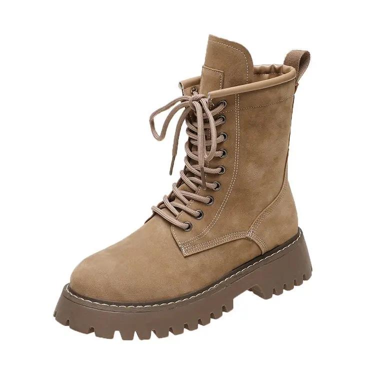 

Fashion New Western Boots Women Shoes Leather Suede Patchwork Botines Thick Med Heel Platform Leisure Ankle Boots Ladies Shoes 40 хаки