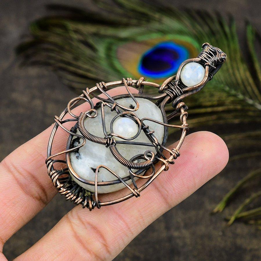 Rainbow Moonstone Handmade Copper Wire Wrap Jewelry Pendant 3.35" C5n25