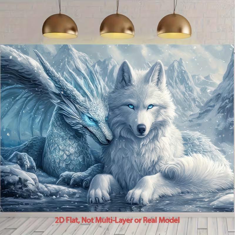 2D flat fantasy banner with an ice dragon, arctic wolf, and snow-capped mountains background 47.2x31.5inch/120*80cm