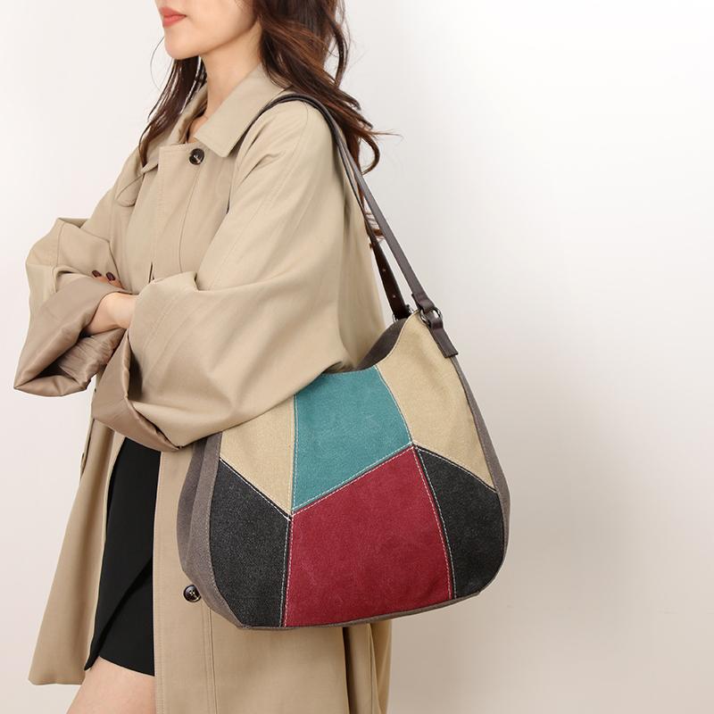 Women's Shoulder Bag Large Capacity Tote Bag Contrast Color Stitching Canvas Bag