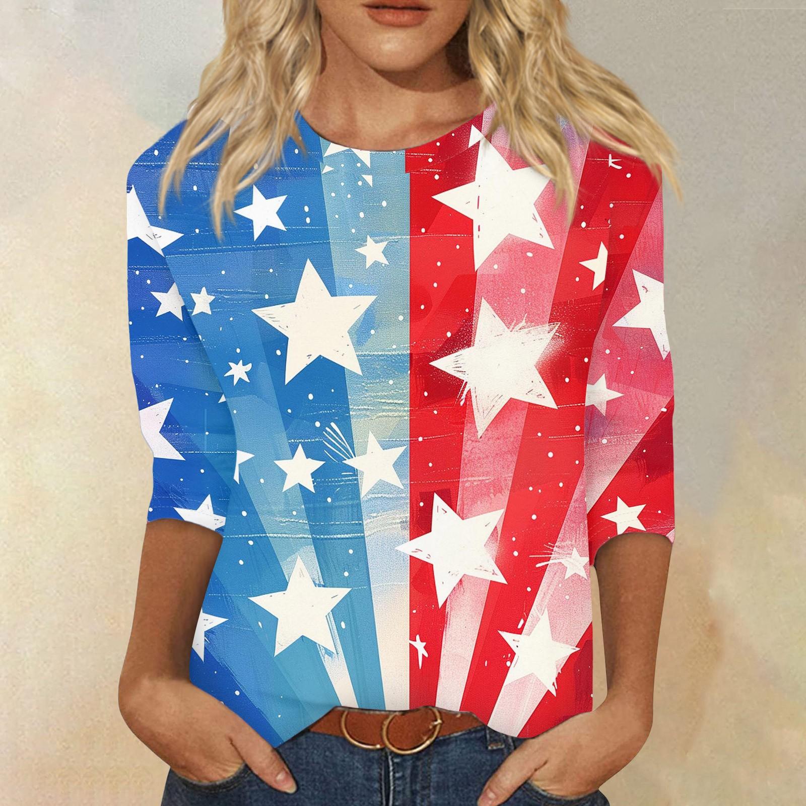 

Женский модный повседневный топ с круглым вырезом с рукавом три четверти и принтом ко Дню независимости S красный